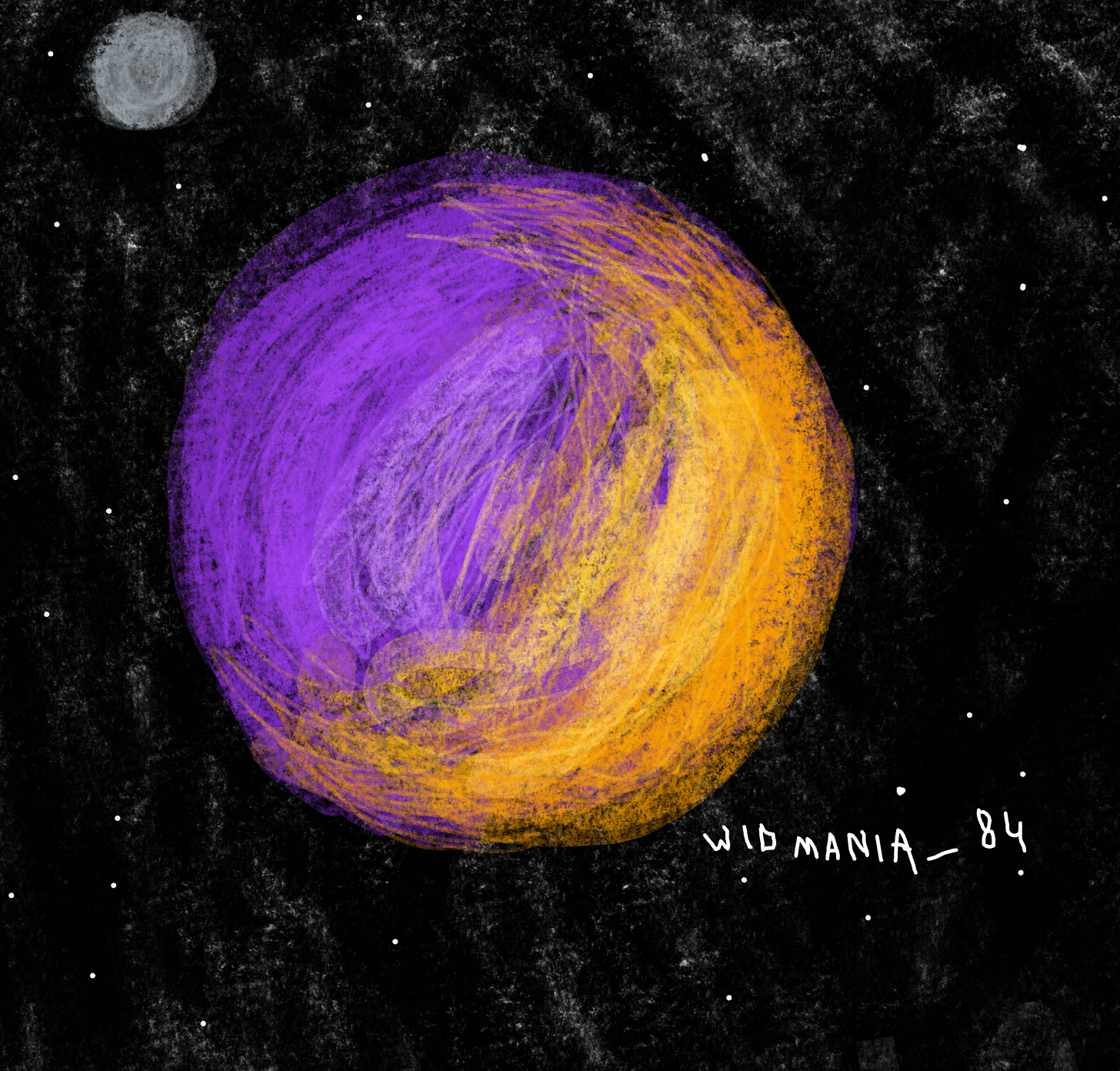 drawing of a purple and yellow planet with a moon